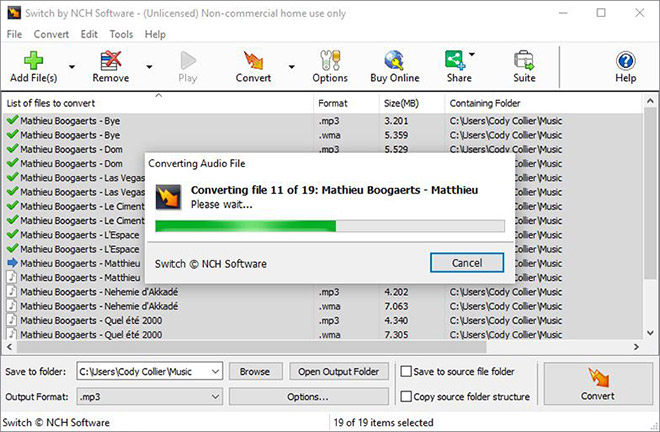 Screenshot of CD files being converted to AIFF with Switch Audio Converter