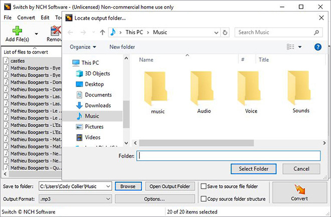 Image displaying how to select an output folder in Switch Audio Converter