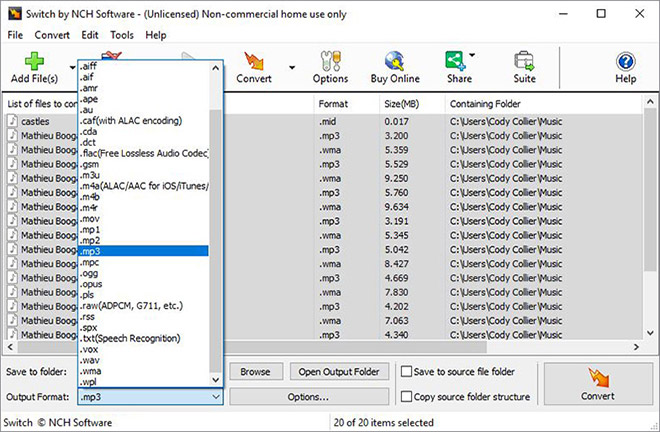 Image displaying how to set an audio file output format in Switch Audio Converter