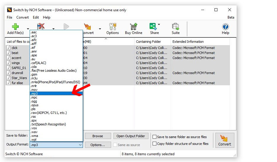 how to set the output format to mp3 for changing to mp3 format