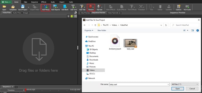 Immagine che mostra come importare file video e audio in VideoPad