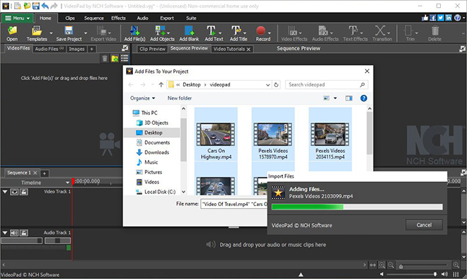 Schermata Importazione di file video in VideoPad
