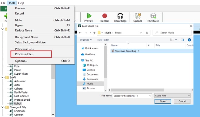 Image displaying how to add droid voice effect to existing audio in Voxal Voice Changer