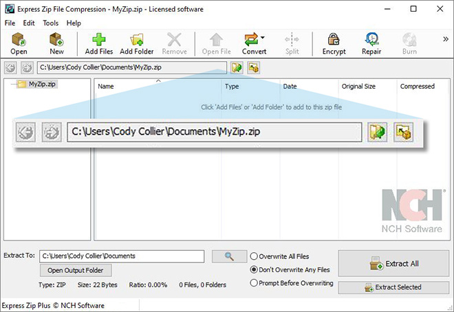 Express Zip Compressione File Screenshot della posizione del file di archivio software