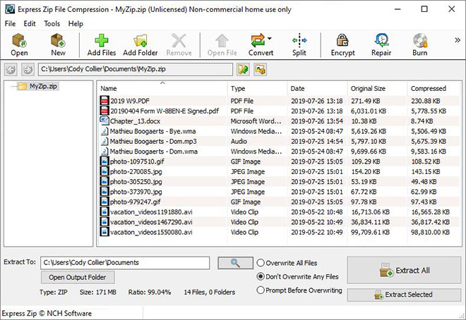 Express Zip Software di compressione file come fare uno screenshot del file zip