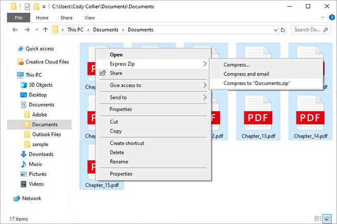 Express Zip File Compression Software right click menu to create zip files