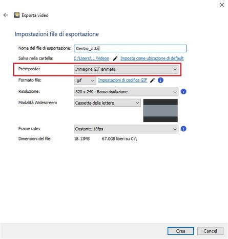 Salva ed esporta una GIF
