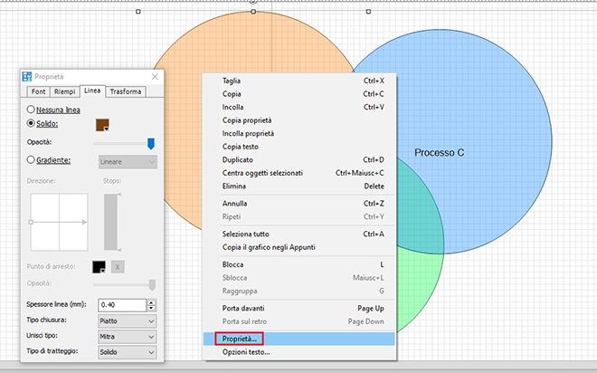 Immagine che mostra come modificare le proprietà di disegno del diagramma di Venn