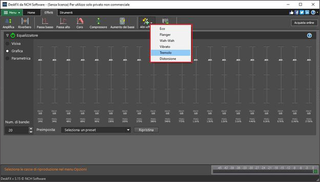 Le opzioni del menu 'Altri effetti' includono Eco, Flanger, Wah-Wah, Vibrato, Tremolo e Distorsione