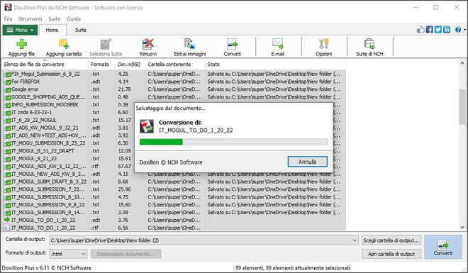 Schermate di Doxillion Software Convertitore di Documenti durante la conversione di file document