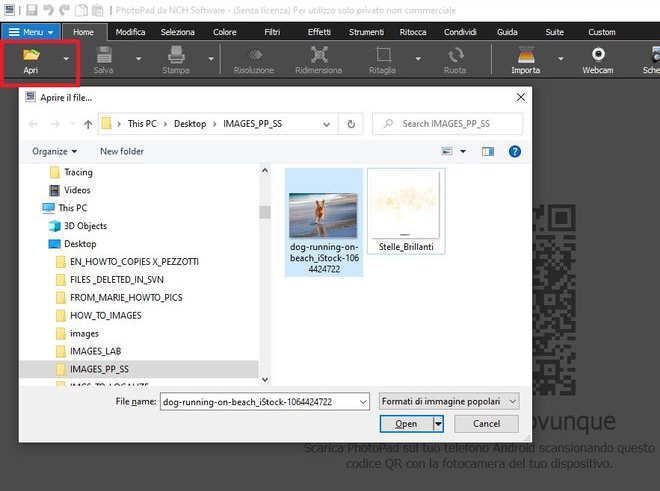 Immagine che mostra come importare file RAW in PhotoPad Editor di Foto