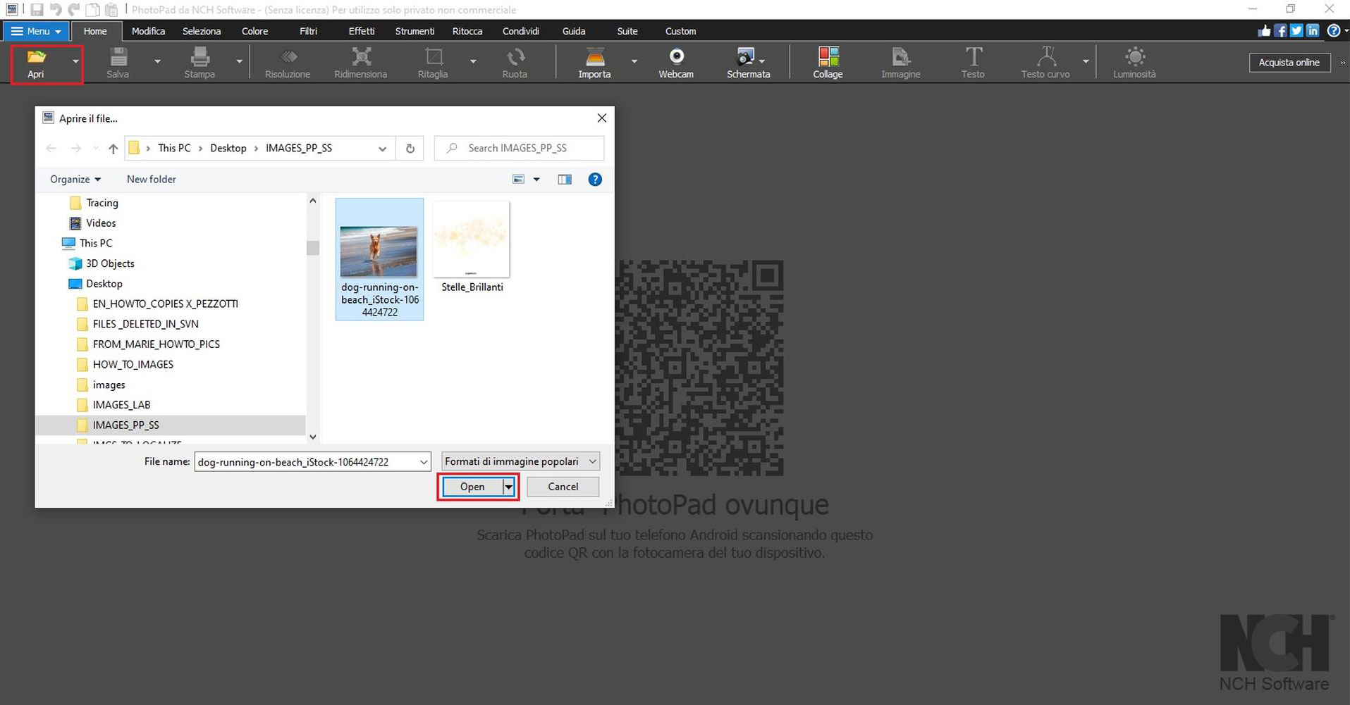 Immagine che mostra come importare file PGF in PhotoPad Editor di Foto