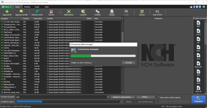 Schermate di Pixillion Software Convertitore di Immagini durante la conversione di file image