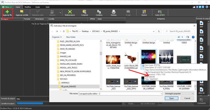 Immagine che mostra come importare file JPG in Pixillion Software Convertitore di Immagini