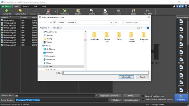 Immagine che mostra come selezionare una cartella di output in Pixillion Software Convertitore di Immagini