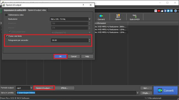 Riduci la frequenza dei fotogrammi in Opzioni file.