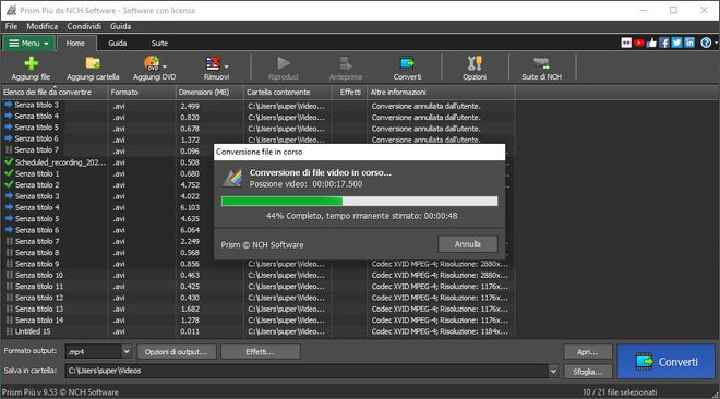 Schermate di Prism Software Convertitore di Video durante la conversione di file video