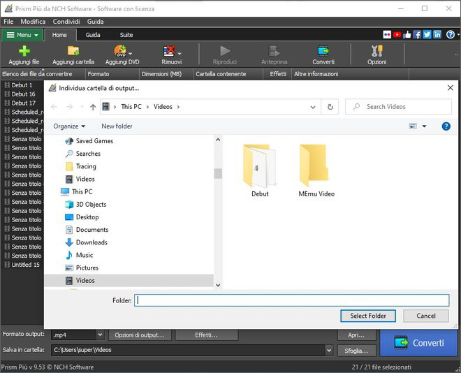 Immagine che mostra come selezionare una cartella di output in Prism Software Convertitore di Video