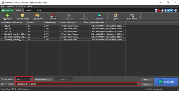 Immagine che mostra come impostare un formato di output del file video in Prism Software Convertitore di Video