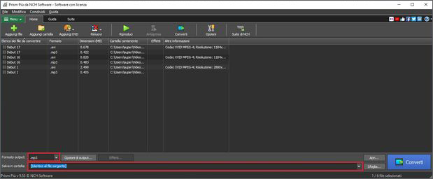 Seleziona i tuoi file e scegli MP3 o WAV nell'elenco Formato di output