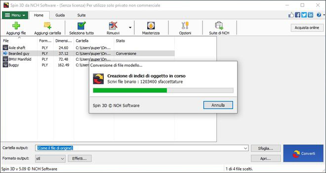 Schermate di Spin 3D Software Convertitore di Mesh 3D durante la conversione di file 3D