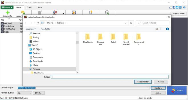 Immagine che mostra come selezionare una cartella di output in Spin 3D Software Convertitore di Mesh 3D