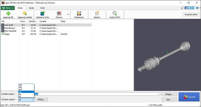Immagine che mostra come impostare un formato di output del file 3D in Spin 3D Software Convertitore di Mesh 3D