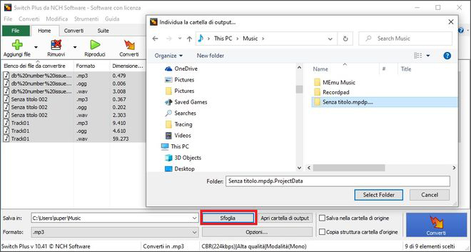 Immagine che mostra come selezionare una cartella di output in Switch Convertitore Audio