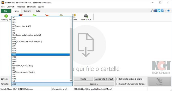 Immagine che mostra come impostare un formato di output del file audio in Switch Convertitore Audio