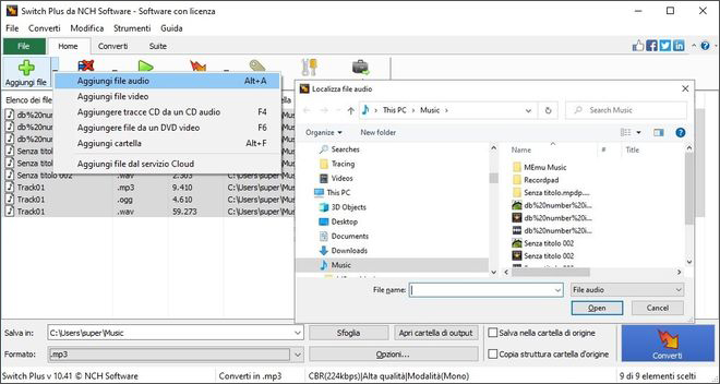 come aggiungere file in Switch per convertire i file audio in mp3
