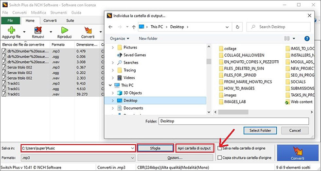 come impostare la destinazione di output per i file audio convertiti in file mp3