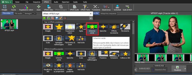Screenshot applicazione dell'effetto schermo verde in VideoPad