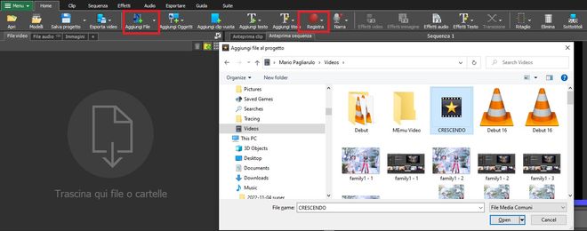 Immagine che mostra come importare file video in VideoPad