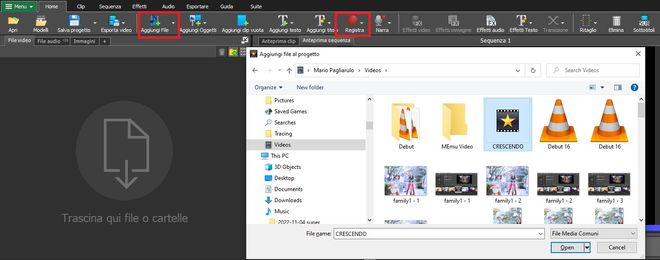 Immagine che mostra come importare file video e audio in VideoPad