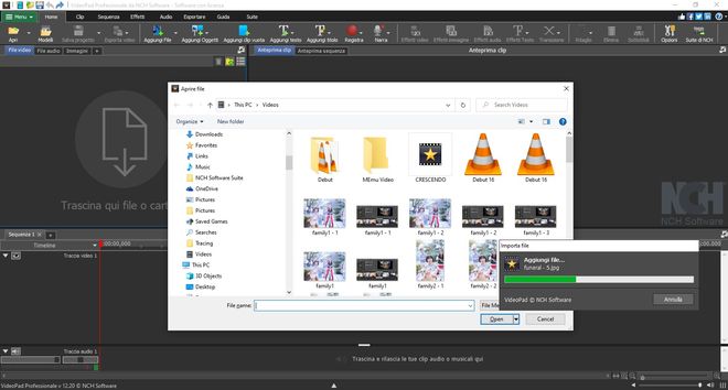 Schermata Importazione di file video in VideoPad