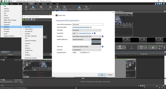 Esportazione di video nel software di editing video VideoPad