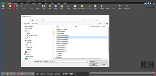 Immagine che mostra come aprire il file audio