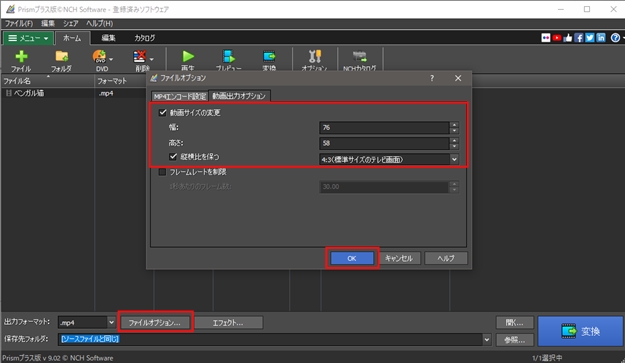 Prism動画ファイル変換ソフトのファイルオプションで動画サイズを変更