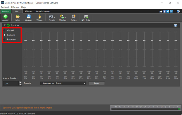 Bekijk de equalizer in de visuele, grafische en parametrische modi