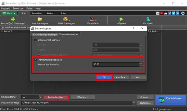 Verlaag de framesnelheid onder Bestandsopties in Prism Videocompressor.