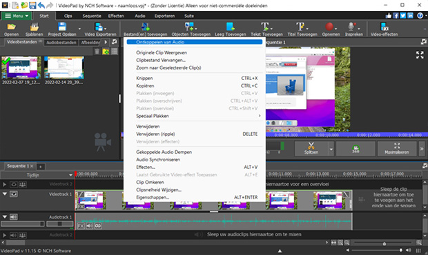 Ontkoppel audio van video in VideoPad Video Editing Software