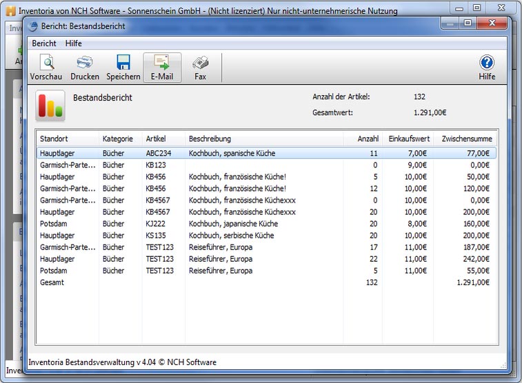 Inventoria Berichtfenster Screenshot
