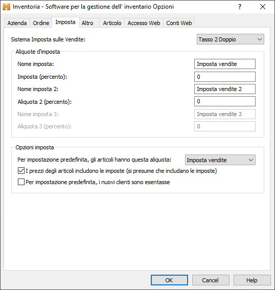 Schermata delle opzioni fiscali di Inventoria