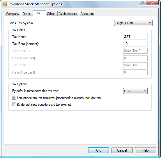 Inventoria tax options screenshot