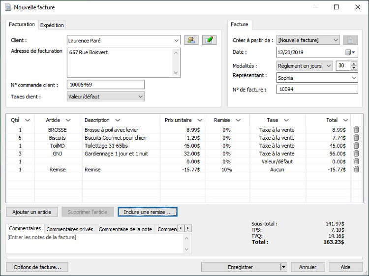 Capture d'écran d'une nouvelle facture dans Express Invoice