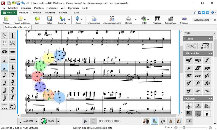 Schermata della finestra principale del software di notazione musicale Crescendo