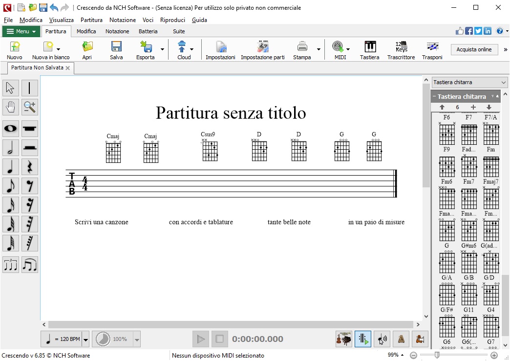 Software per la notazione musicale Schermata della funzione di visualizzazione della tastiera