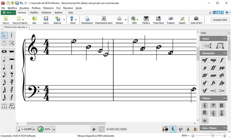 Crescendo Software di notazione musicale,Schermata di uno spartito musicale con i nomi delle note visualizzati