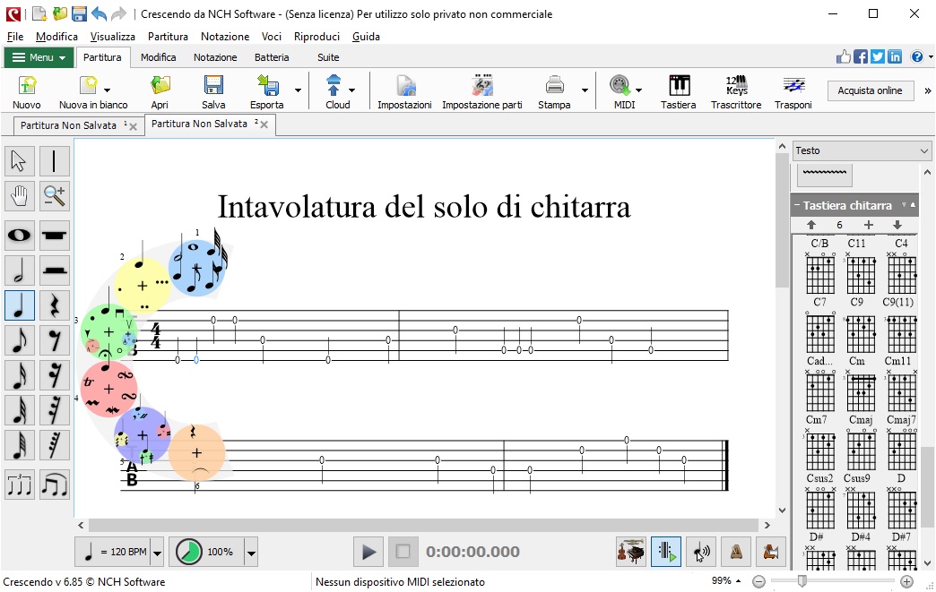 Crescendo Software per la notazione musicale, schermata della funzione di creazione di tablature