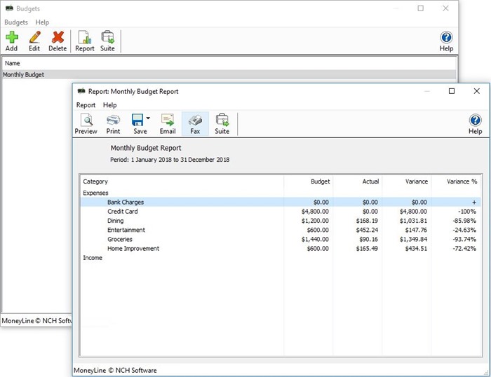 Capture d'écran du budget dans MoneyLine - Logiciel de finances personnnelles